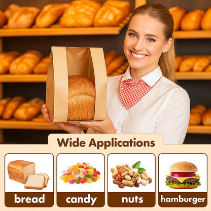 50 Pcs Large Paper Bread Bags for Sourdough (13.7X8.2X3.7 In) – Kraft Bread Packaging for Homemade with Window, 50 Cute Stickers – Bakery Bags for Gifting & Storage