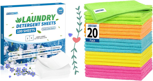 Laundry Detergent Sheets - 200 Loads (100 Sheets) Microfiber Cleaning Cloth, 20 Pack Cleaning Rags, Cleaning Towels for Housekeeping,