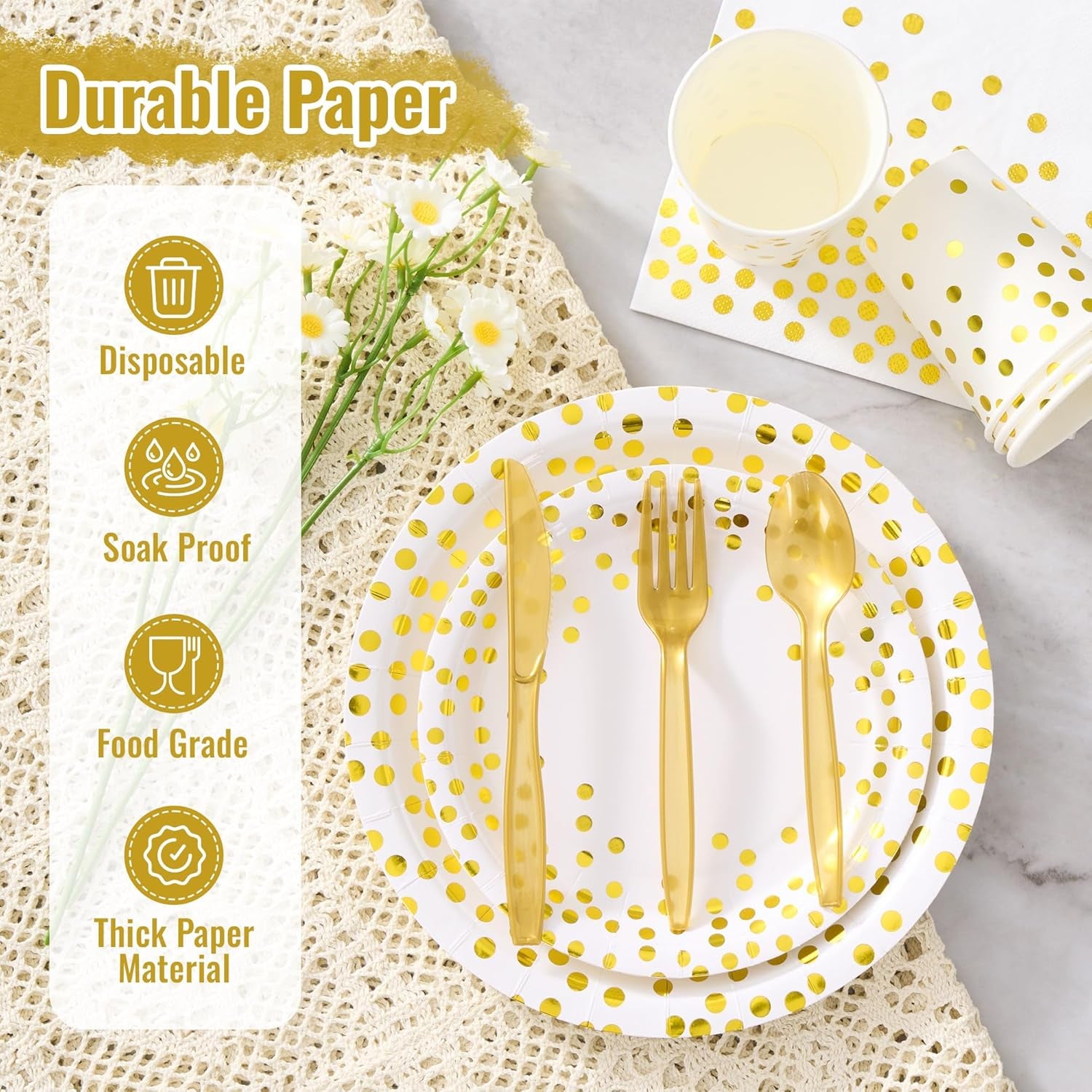 White and Gold Dot Paper Plates Set, 175 PCS Party Supplies, Disposable Dinnerware Set for 25 Guests, Gold Dot Paper Plates Napkins Cups Gold Plastic Forks Knives Spoons for Wedding Festival