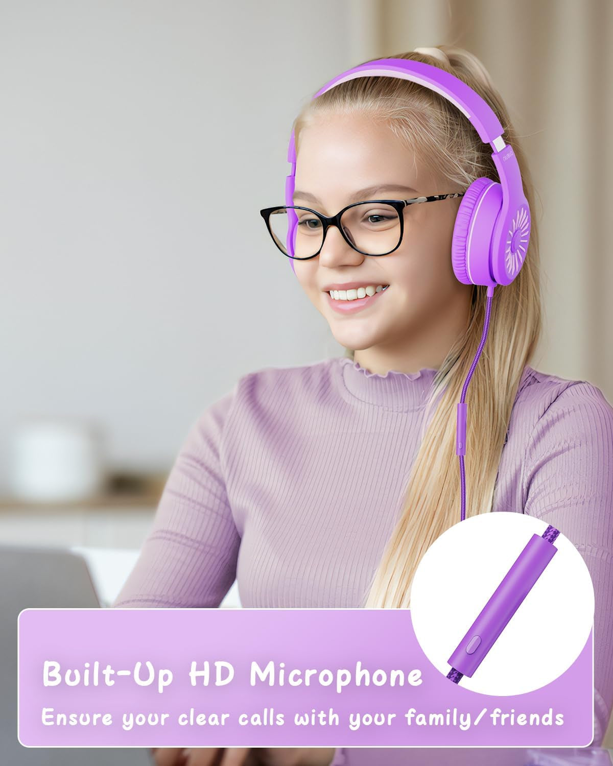 Wired Headphones with Microphone, K16 On-Ear Headphones for Kids with 3.5MM Jack, Foldable Stereo Bass Headphones for Teens School Amazon Kindle, Fire, Chromebook, Tablet(Purple Pink)