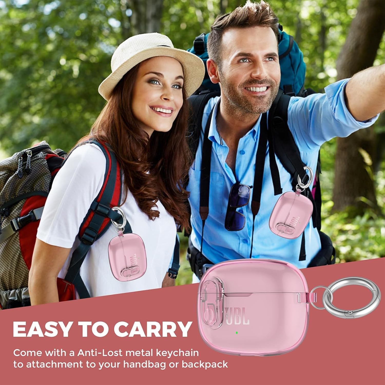 Compatible with JBL Vibe 200TWS/JBL Vibe Beam/Beam 2 Case Cover Clear Lock Clip with Cleaner Kit, Transparent TPU Protective Cover Men Women with Carabiner for JBL Vibe Beam 2 Charging Case - Pink