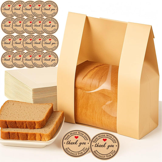 50 Pcs Large Paper Bread Bags for Sourdough (13.7X8.2X3.7 In) – Kraft Bread Packaging for Homemade with Window, 50 Cute Stickers – Bakery Bags for Gifting & Storage