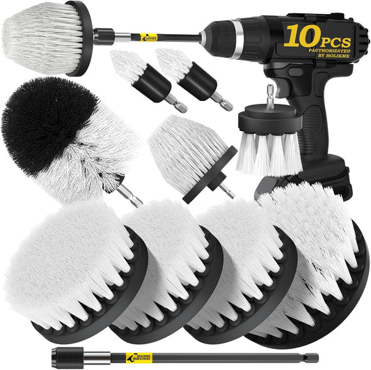 10Pieces Drill Brush Attachments Set, Power Scrubber Brush with Extend Long Attachment，Scrub Brush，Shower Scrubber，Cleaning Supplies，Bathtub, Bathroom, Kitchen,White