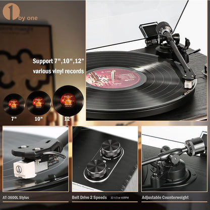 High Fidelity All-In-One Record Player, Vinyl Turntable with Built-In Speakers, Magnetic AT-3600L Cartridge, RCA Line Out, Belt-Drive Stereo Turntable