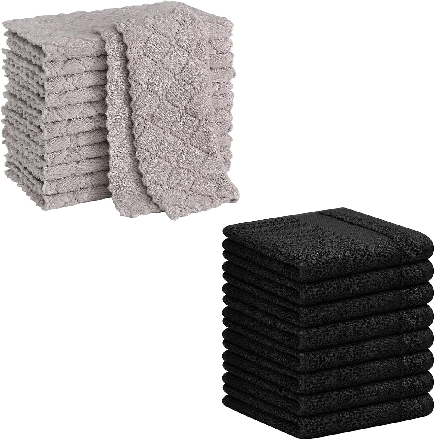 12 Pack Kitchen Dish Cloths (10 X 10 Inches, Grey) and 100% Cotton Dish Cloths, 8 Pack - 12 X 12 Inches, Waffle Weave Super Soft and Absorbent Dish Towels