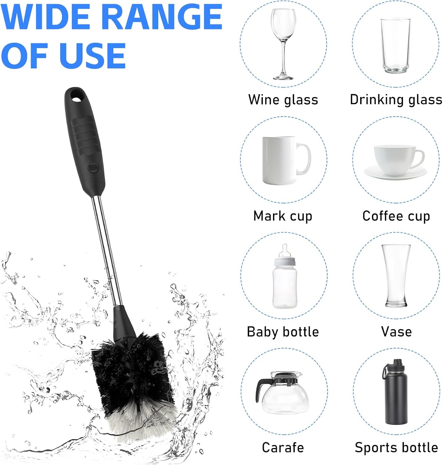 Bottle Brush of 3 Pack, 13-In Long Stainless Steel Handle Water Bottle Cleaner Brush Non-Slip Grip Bottle Brushes for Cleaning Water Bottles Sport Bottles Coffee Mugs Glasswares Cups, Black