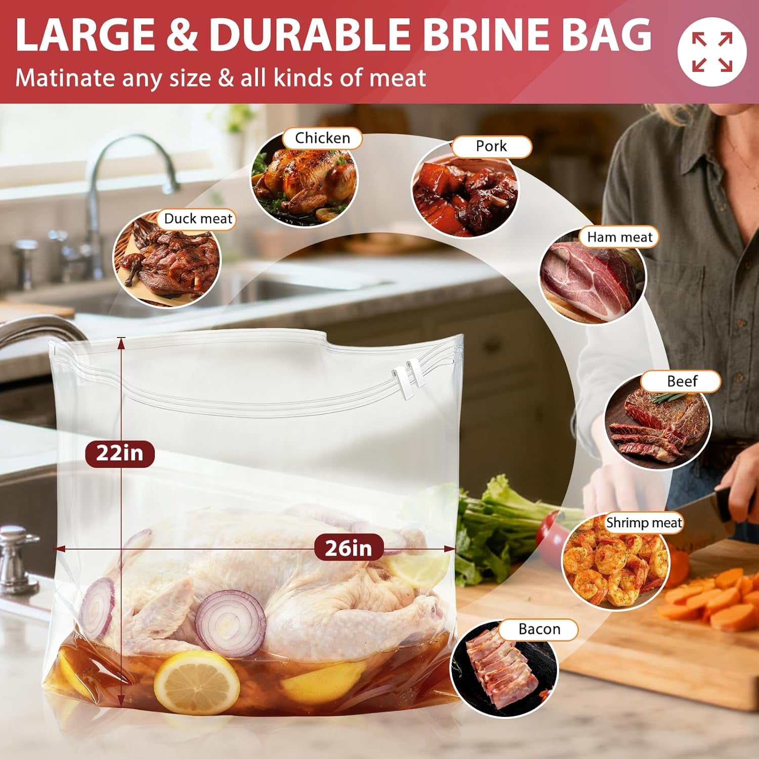 Turkey Brine Bags, 2 Pack Extra Large 26"X22" Brining Bags for Turkey, Holds up 35Lb and Above, Double Zip-Lock Brine Bag Kit with 2 Strings & Clips, Thanksgiving, Christmas Essentials