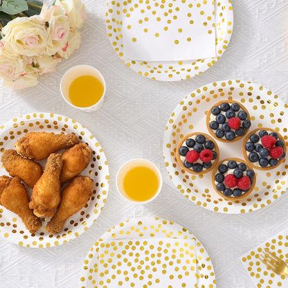 White and Gold Dot Paper Plates Set, 175 PCS Party Supplies, Disposable Dinnerware Set for 25 Guests, Gold Dot Paper Plates Napkins Cups Gold Plastic Forks Knives Spoons for Wedding Festival