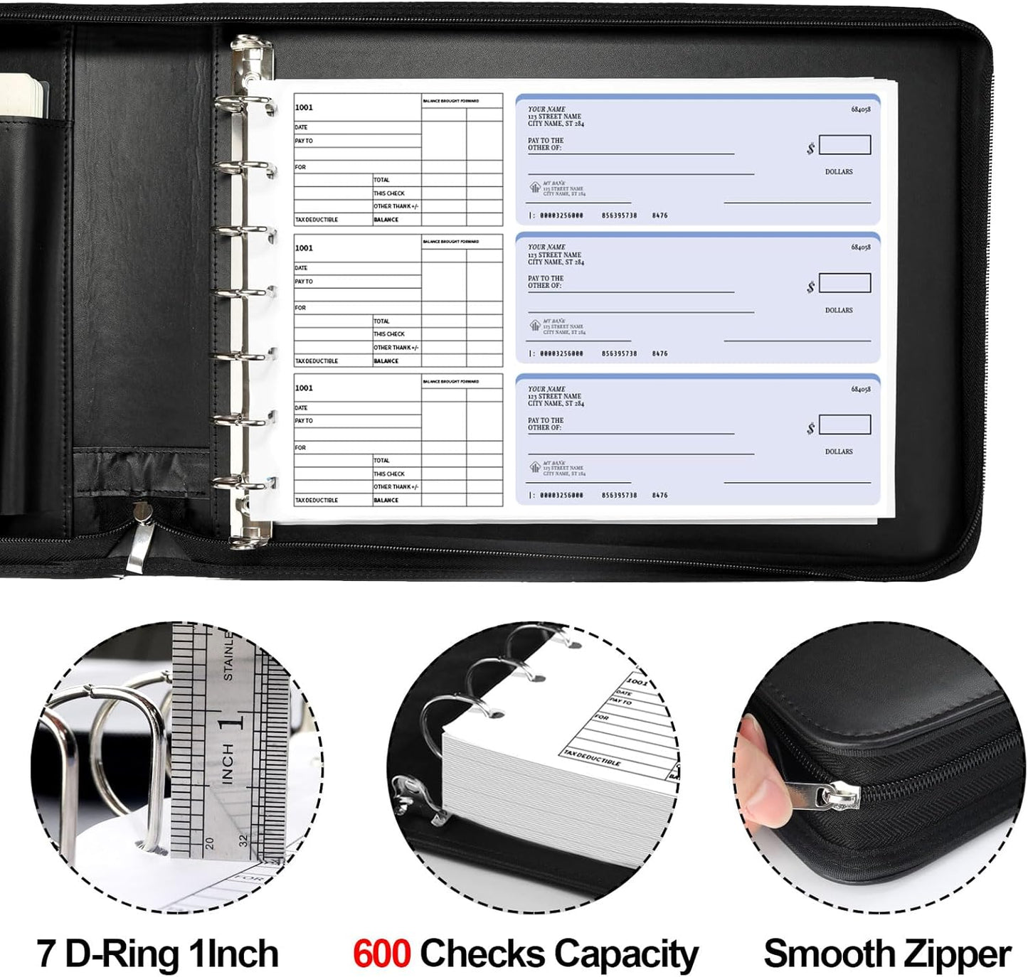 Zippered Business Checkbook Binder 7 Ring 1 Inch with Zipper for Business Checks (9" X 13"), PU Leather 7 Ring Check Binder for Business Checks Holds 600 Checks Capacity for Executive Supplies