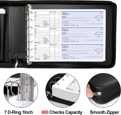 Zippered Business Checkbook Binder 7 Ring 1 Inch with Zipper for Business Checks (9" X 13"), PU Leather 7 Ring Check Binder for Business Checks Holds 600 Checks Capacity for Executive Supplies