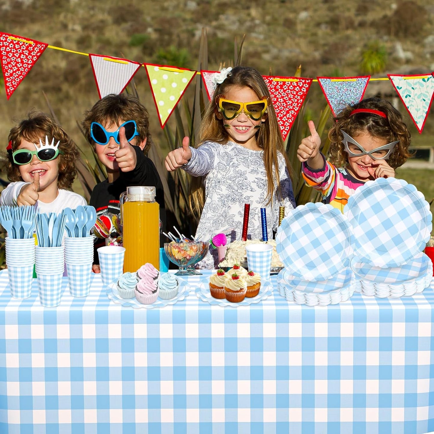 Blue Gingham Scalloped Plates and Napkins Party Supplies, Blue and White Checkered Plates Sets Serve 25 Guests, 175 Pcs Gingham Paper Plate for Birthday Dinner Wedding Baby Shower Party Decorations