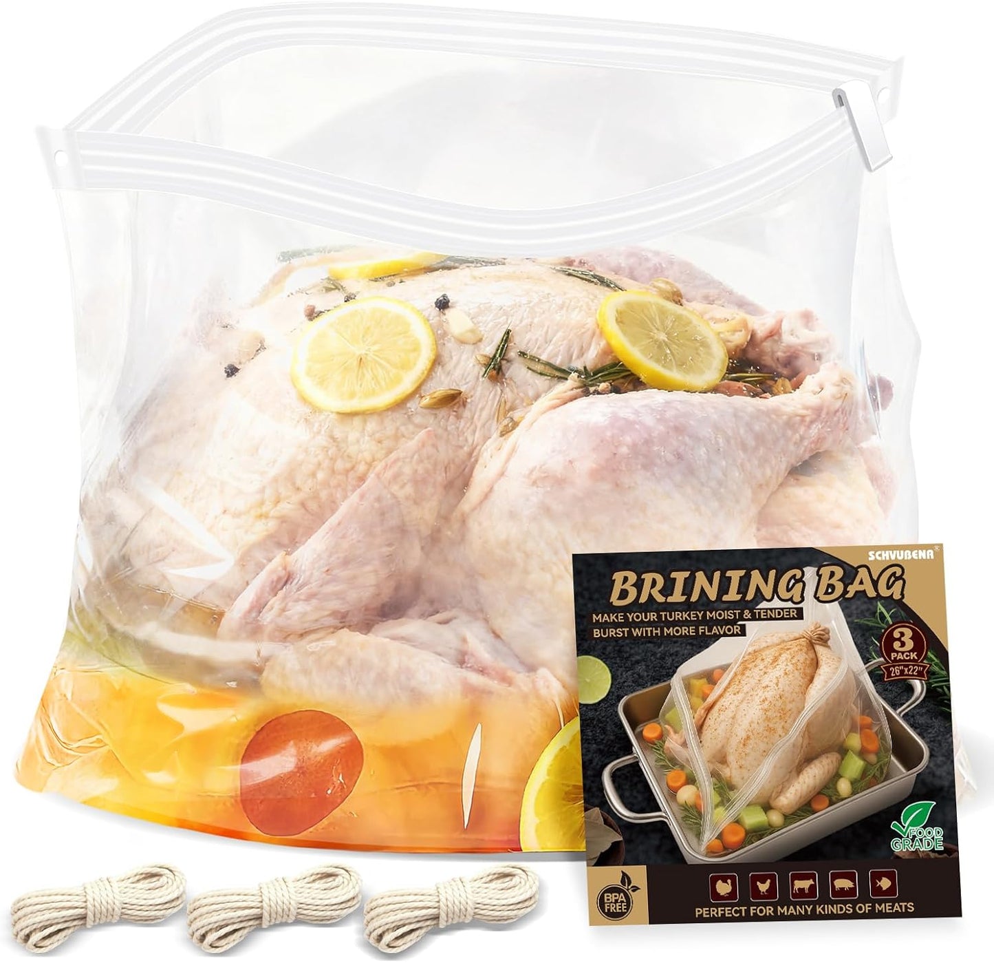Turkey Brine Bags, 3 Pack Extra Large 26"X22" Brining Bags for Turkey, Holds up 35Lb and Above, Double Zip-Lock Brine Bag Kit with 3 Strings & Clips, Thanksgiving, Christmas Essentials