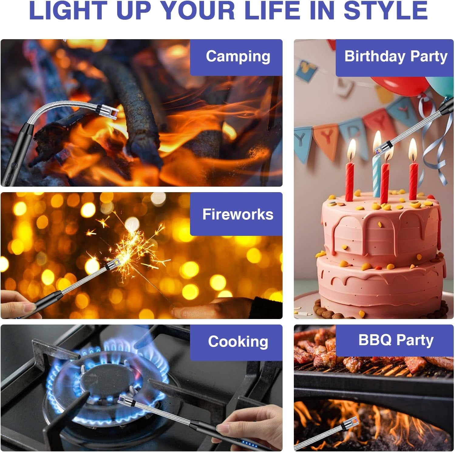 2 PCS Candle Lighter, Electric Lighter Arc Windproof Flameless with 360° Flexible Neck & LED Power Display, Lighters for Candle for BBQ, Grill, Camping, Fireplace, Stove