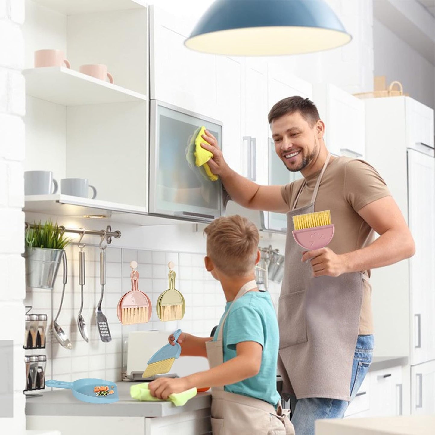 3PCS Mini Broom and Dustpan Set for Home, Car, Kitchen, Table, Kids - Durable Plastic Bristles, Handheld, Hangable, 3 Colors