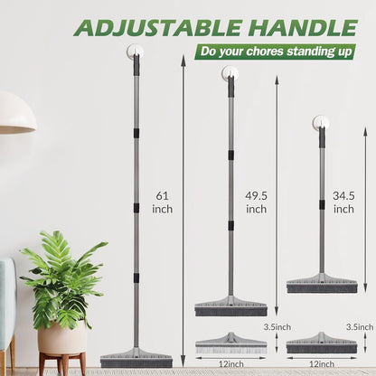 Rubber Broom, 2 in 1 Rubber Broom and Nylon Carpet Brush for Pet Hair Removal, 61" Adjustable Long Handle, Carpet Hair Cleaning Tool for Fur Rug, Stairs and Mats - Washable, Durable