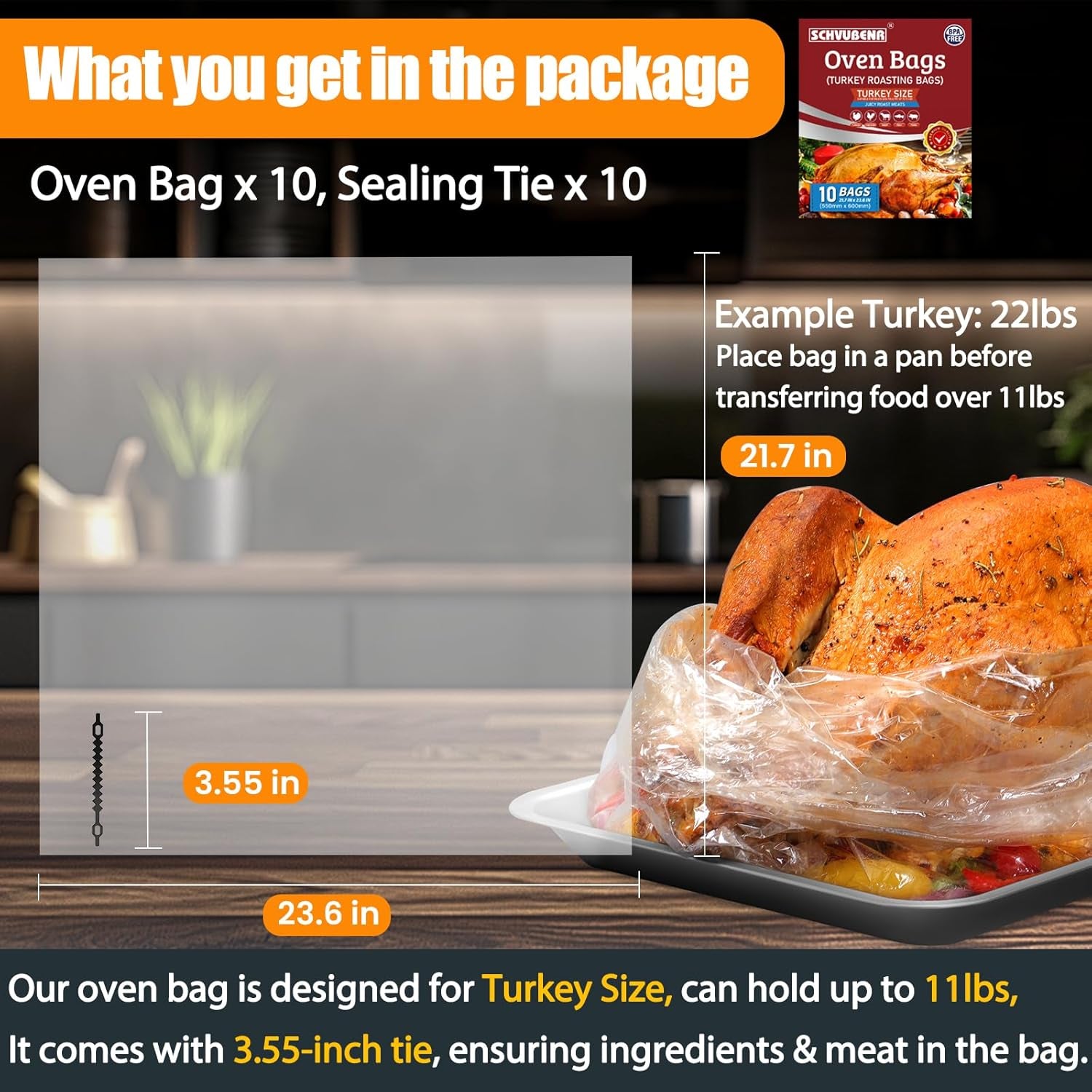 Turkey Oven Bags for Perfect Roasting - 21.7’’ X 23.6’’, 10 Counts, Large Size Turkey Cooking Bags for Oven, Locks in Juices for Flavorful Turkey - Microwave Safe, Thanksgiving, Christmas Essentials