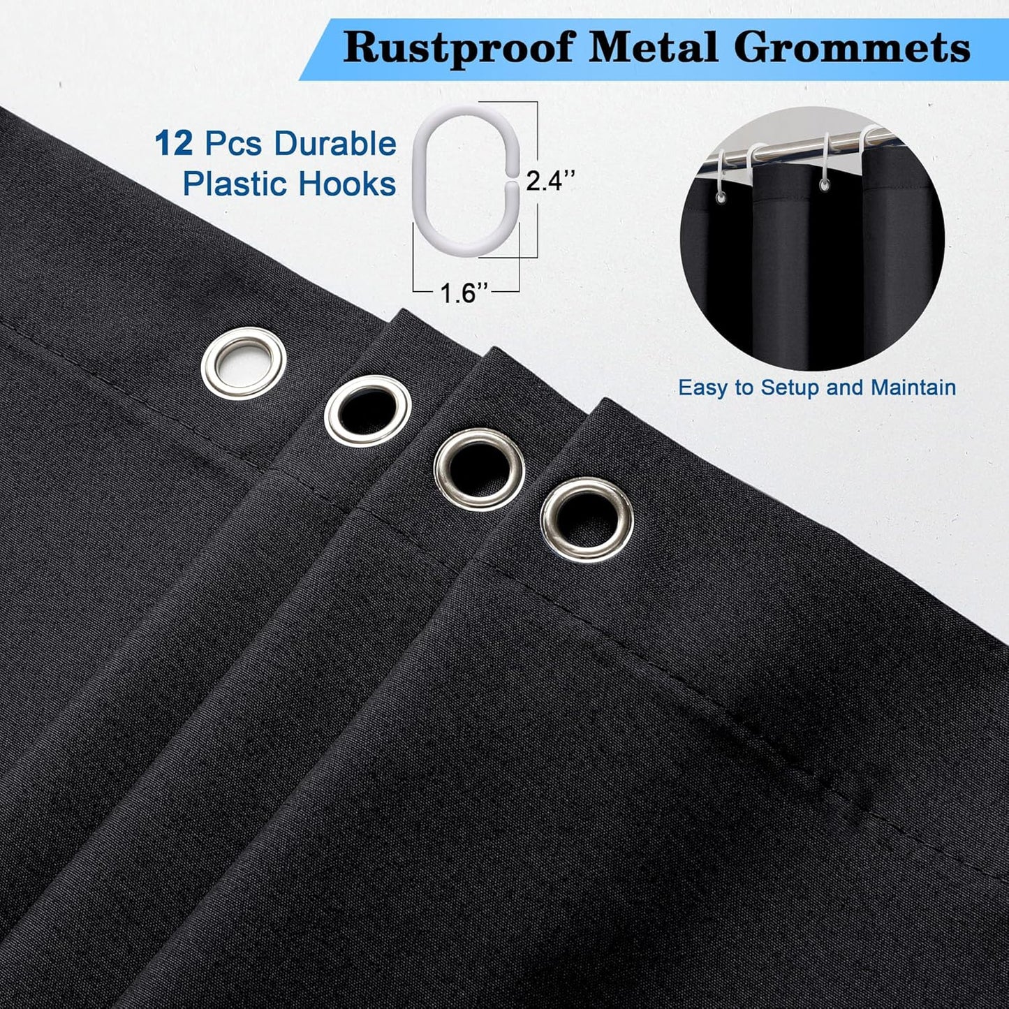 Zora Solid Black Shower Curtain for Bathroom, Fabric Shower Curtain- Soft Cloth & Hotel Spa Quality, Water Repellent, Machine Washable Shower Curtain Set with 12 Hooks, Grommets Top, 72Wx72L