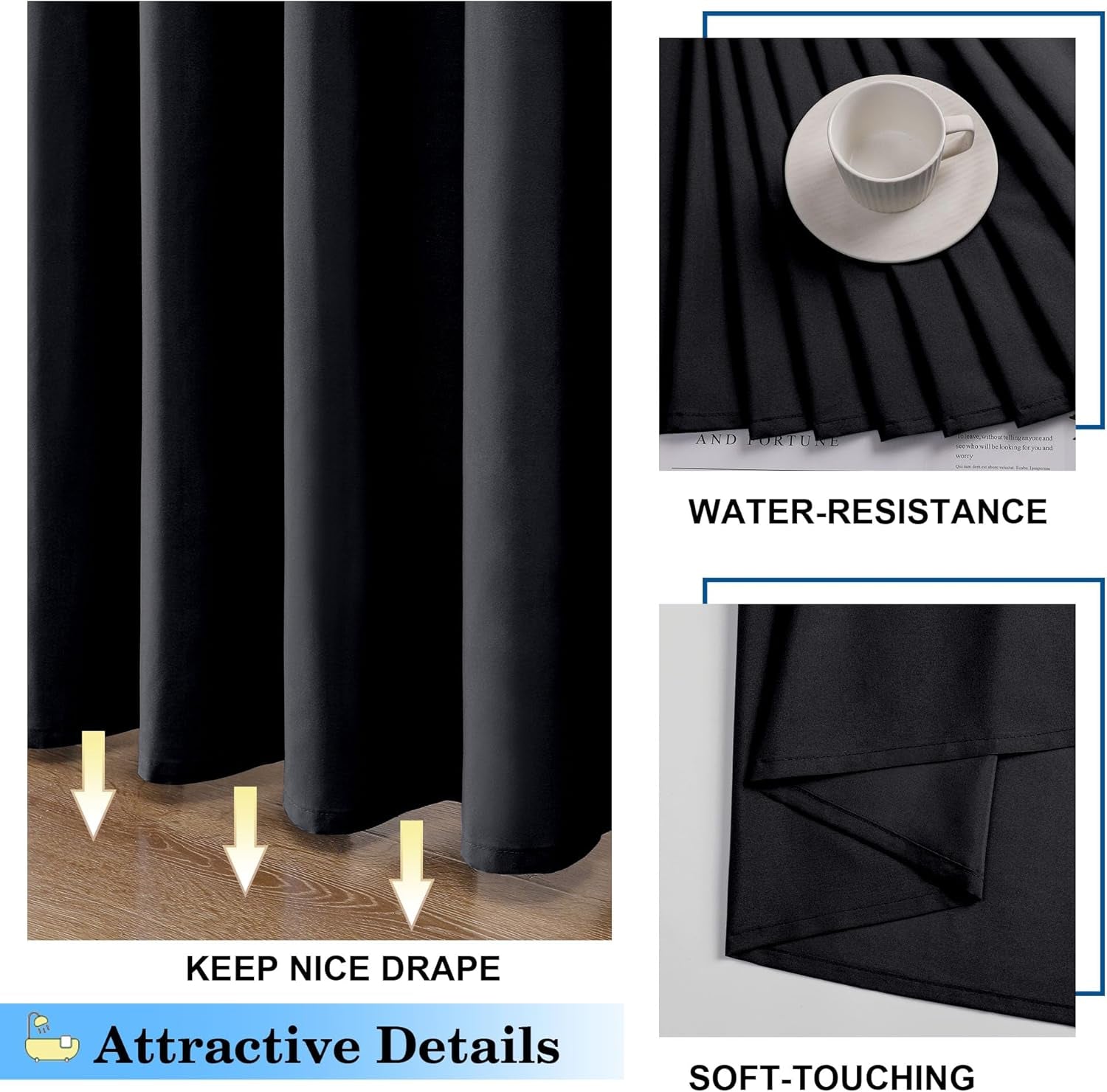 Zora Solid Black Shower Curtain for Bathroom, Fabric Shower Curtain- Soft Cloth & Hotel Spa Quality, Water Repellent, Machine Washable Shower Curtain Set with 12 Hooks, Grommets Top, 72Wx72L