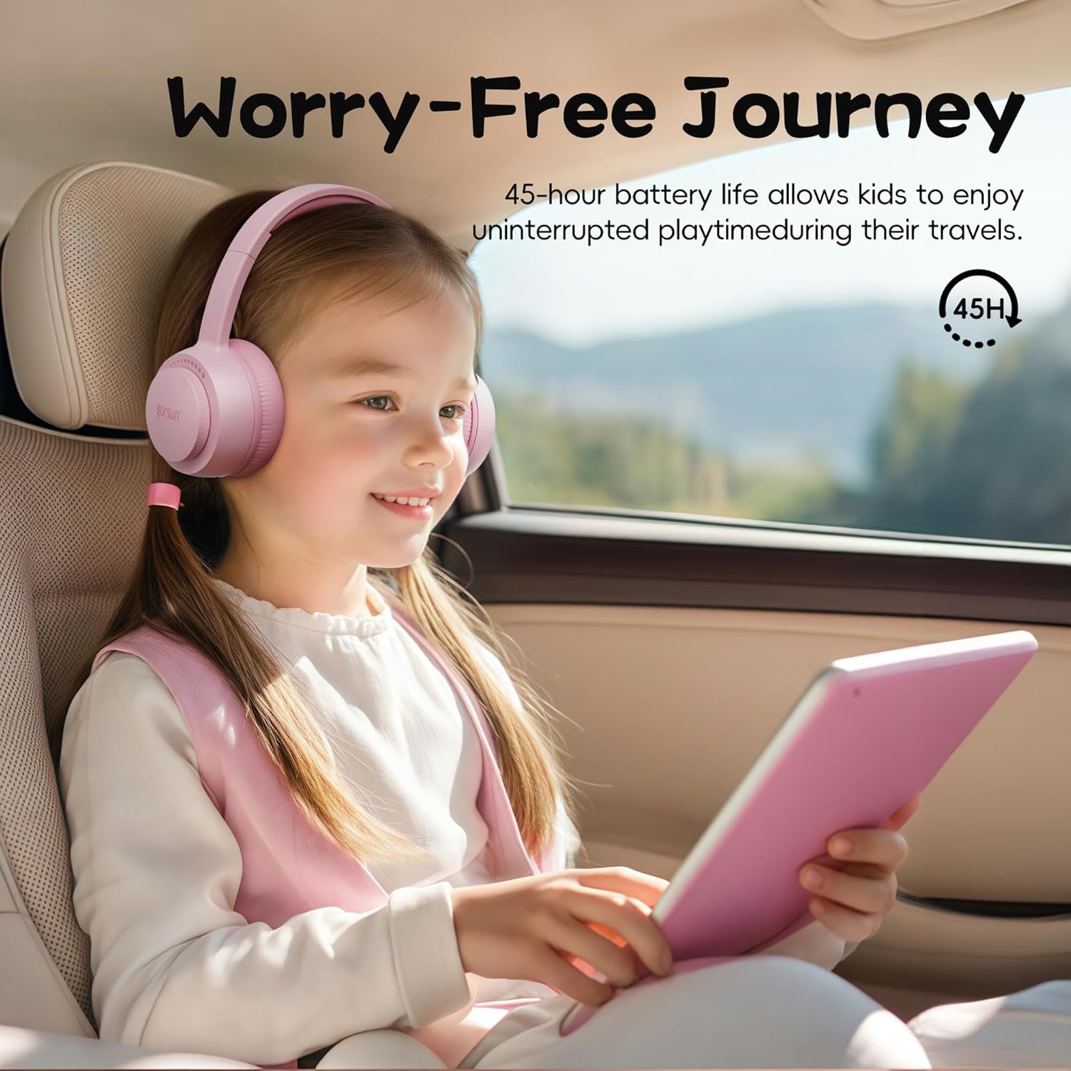 Kids Bluetooth Headphones, Bluetooth 5.3, Toddler Headphones 85 Dba Safe Volume, 45H Play Time, with Microphone, Kids Wireless Headset for Ipad/Tablet/Travel/School, Ldeal Gift (Pink)