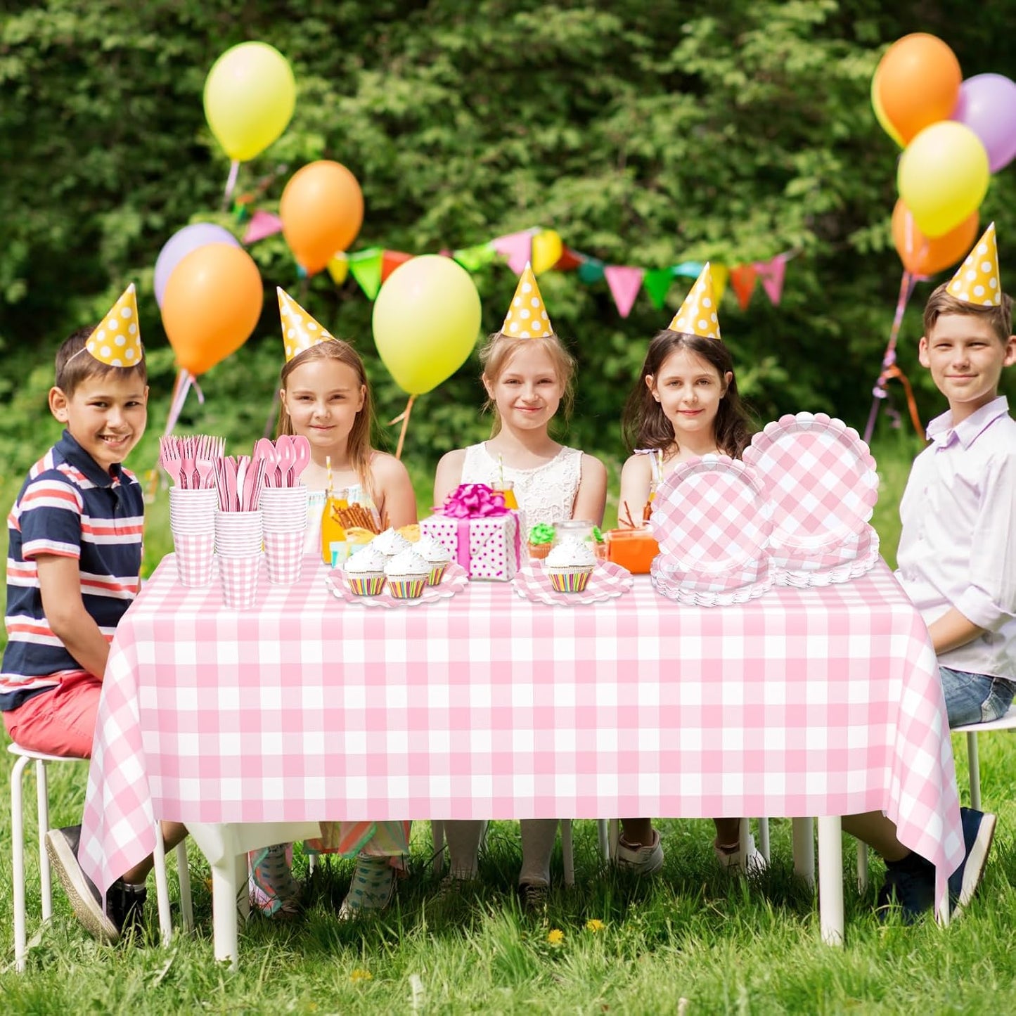 176 PCS Pink and White Gingham Plates and Napkins, Light Pink Checkered Disposable Plates Set with Napkins Cups Plastic Spoons Forks Knives for Birthday Baby Shower Wedding Supplies Serve 25 Guests
