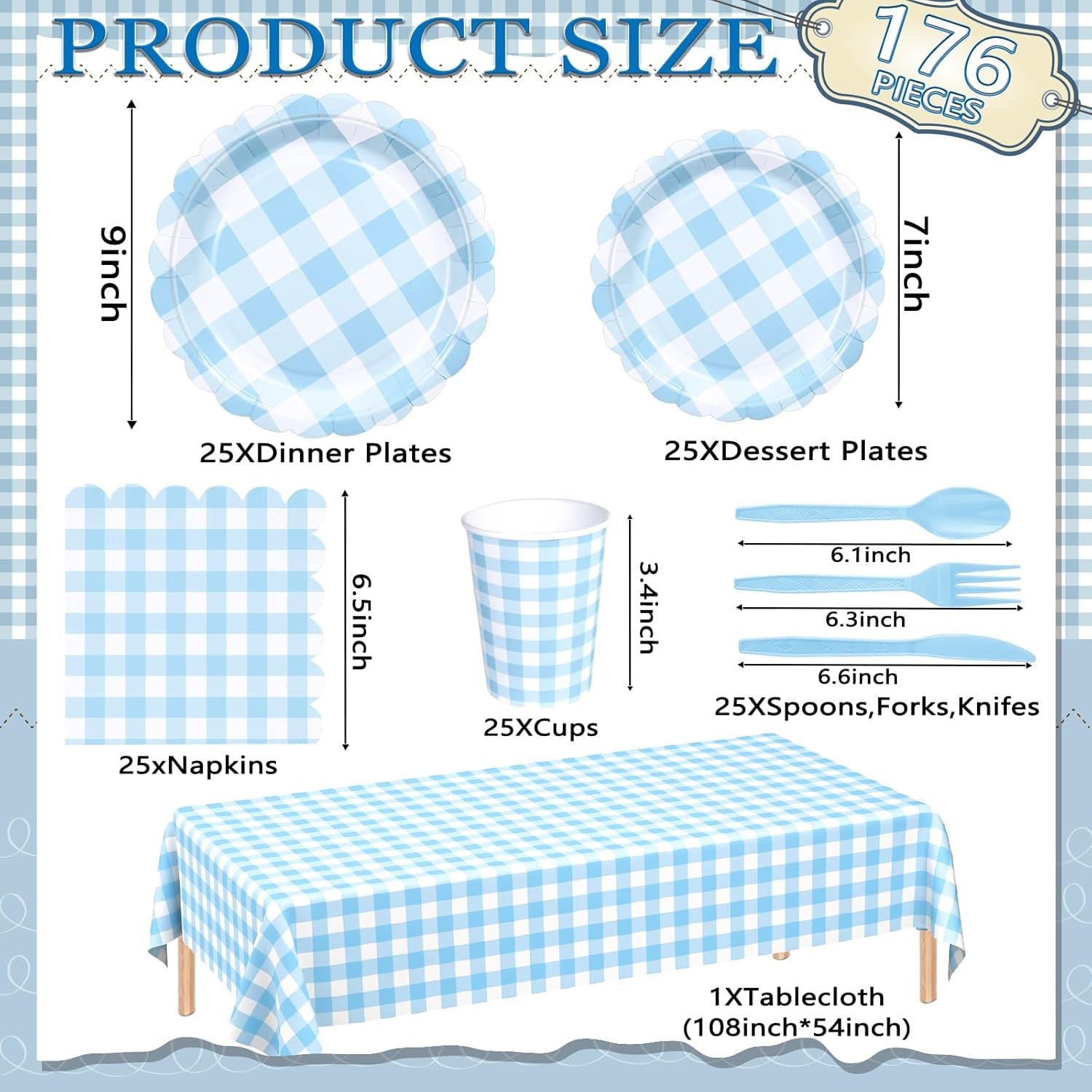 Blue Gingham Scalloped Plates and Napkins Party Supplies, Blue and White Checkered Plates Sets Serve 25 Guests, 175 Pcs Gingham Paper Plate for Birthday Dinner Wedding Baby Shower Party Decorations