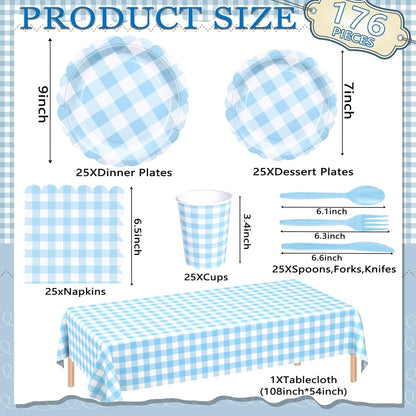 Blue Gingham Scalloped Plates and Napkins Party Supplies, Blue and White Checkered Plates Sets Serve 25 Guests, 175 Pcs Gingham Paper Plate for Birthday Dinner Wedding Baby Shower Party Decorations