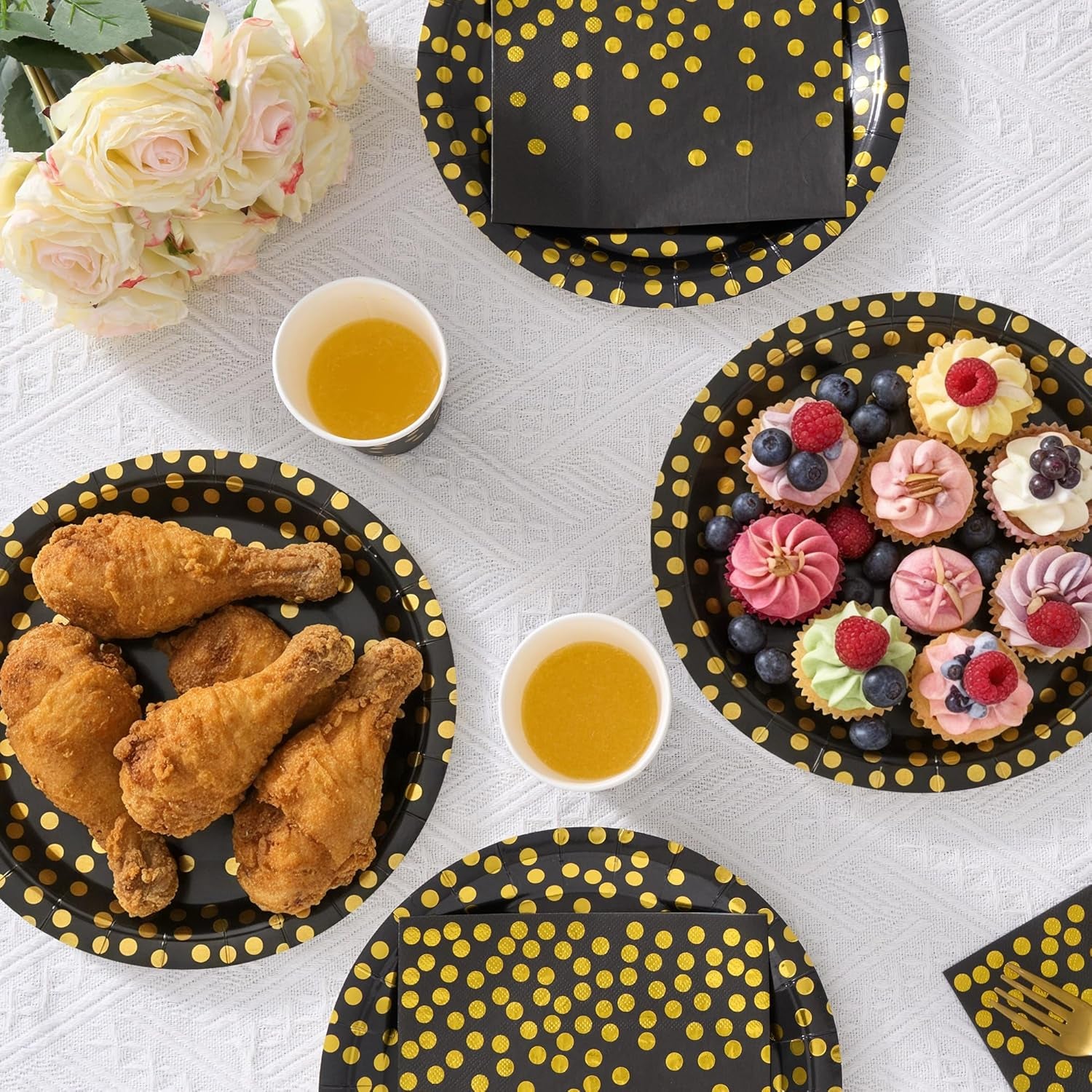 Black and Gold Dot Paper Plates Set, 175 PCS Party Supplies, Disposable Dinnerware Set for 25 Guests, Gold Dot Paper Plates Napkins Cups Gold Plastic Forks Knives Spoons for Wedding Festival