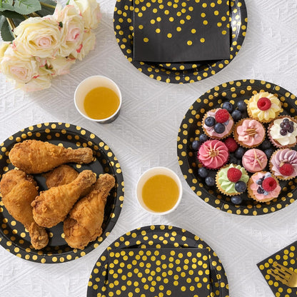 Black and Gold Dot Paper Plates Set, 175 PCS Party Supplies, Disposable Dinnerware Set for 25 Guests, Gold Dot Paper Plates Napkins Cups Gold Plastic Forks Knives Spoons for Wedding Festival