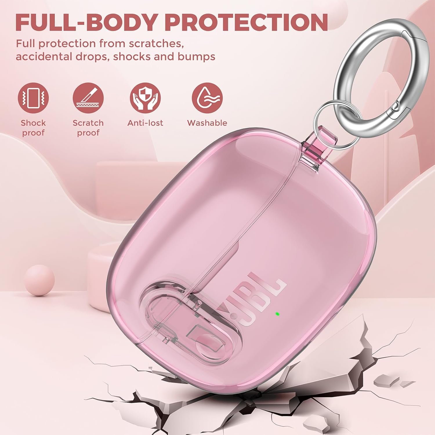 Compatible with JBL Vibe 200TWS/JBL Vibe Beam/Beam 2 Case Cover Clear Lock Clip with Cleaner Kit, Transparent TPU Protective Cover Men Women with Carabiner for JBL Vibe Beam 2 Charging Case - Pink
