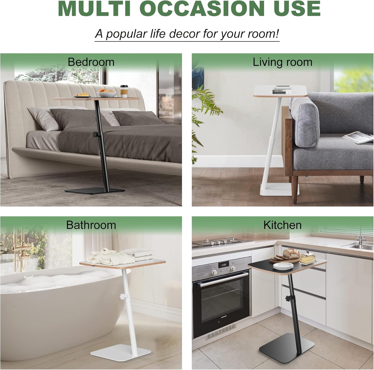 Height Adjustable End Table - Small Couch Side Table for Small Spaces Modern C Shaped Bedside End Table That Slide Under, White Wood Laptop TV Tray Table with Metal Base, Living Room Bathroom Home Use