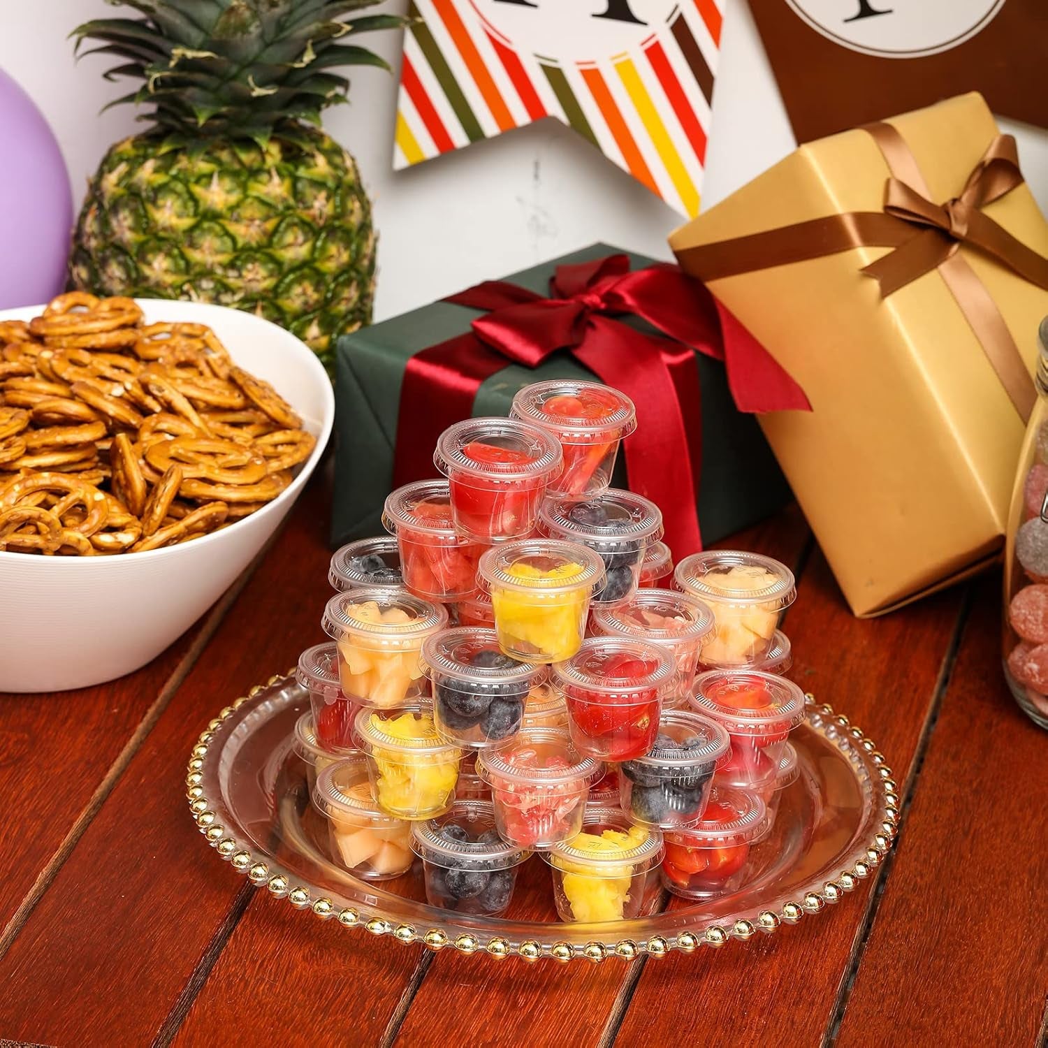 [130 Sets - 1 Oz ] Jello Shot Cups, Small Plastic Containers Lids, Airtight and Stackable Portion Cups, Salad Dressing Container, Dipping Sauce Cups, Condiment Cups Lunch, Party to Go, Trips