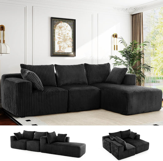 102-Inch L-Shaped Modular Sectional Sofa with Sleeper Chaise, No Assembly Required, Compression Memory Foam Cloud Couch for Living Room, Bedroom, or Apartment (Black Corduroy)