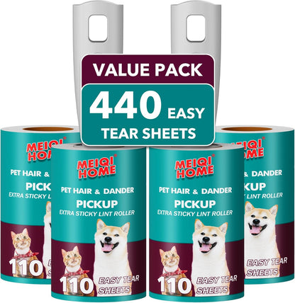Lint Rollers for Pet Hair Extra Sticky, 440 Sheets Value Set Lint Roller with 2 Upgraded Handles, 4 Rollers Portable Pet Lint Remover for Clothes, Furniture, Carpet, Dog & Cat Hair Removal