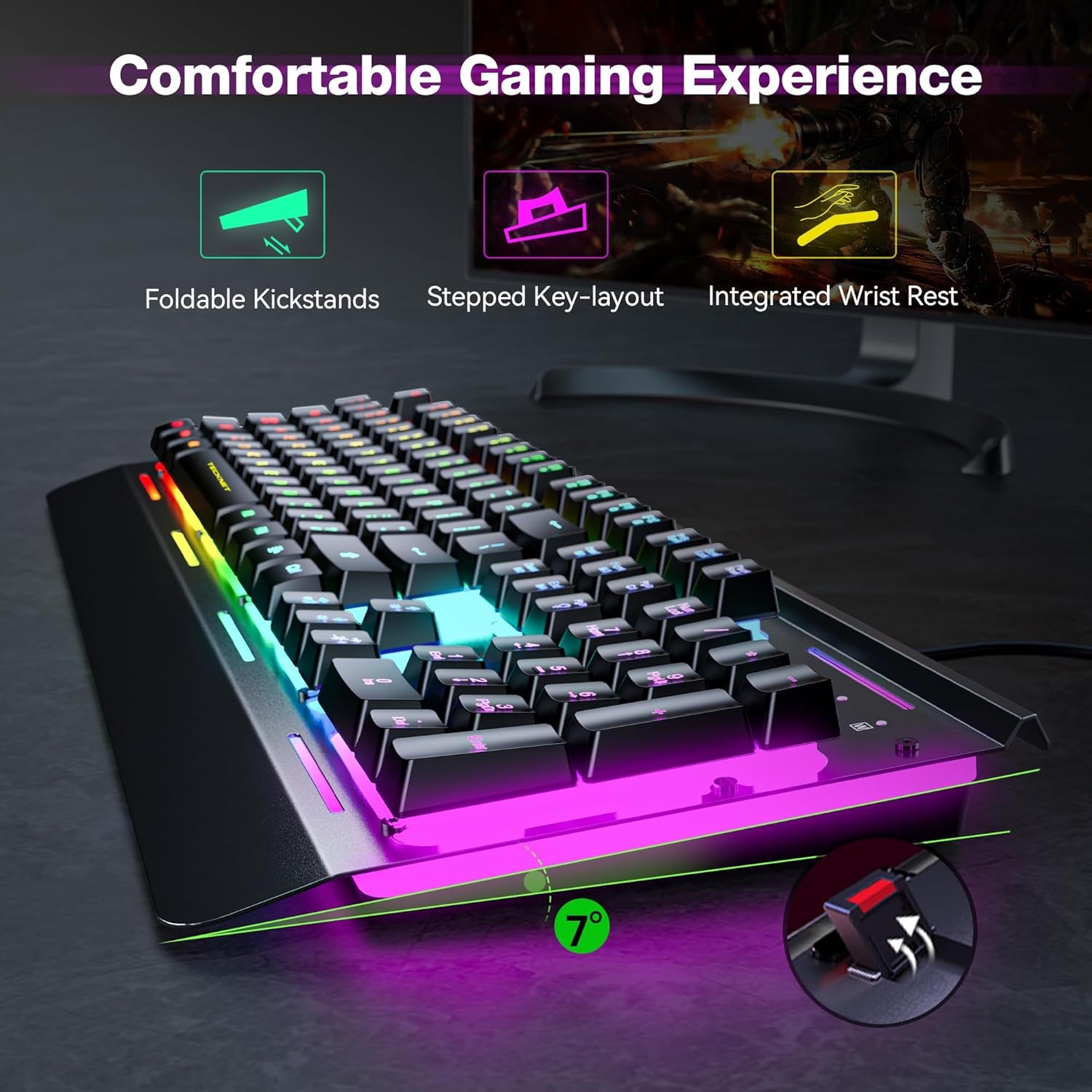 Gaming Keyboard, USB Wired Computer Keyboard, 15-Zone RGB Illumination, IP32 Water Resistance, 25 Anti-Ghosting Keys, All-Metal Panel (Whisper Quiet Gaming Switch)