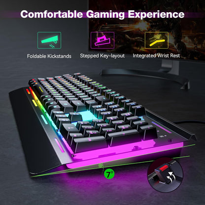 Gaming Keyboard, USB Wired Computer Keyboard, 15-Zone RGB Illumination, IP32 Water Resistance, 25 Anti-Ghosting Keys, All-Metal Panel (Whisper Quiet Gaming Switch)