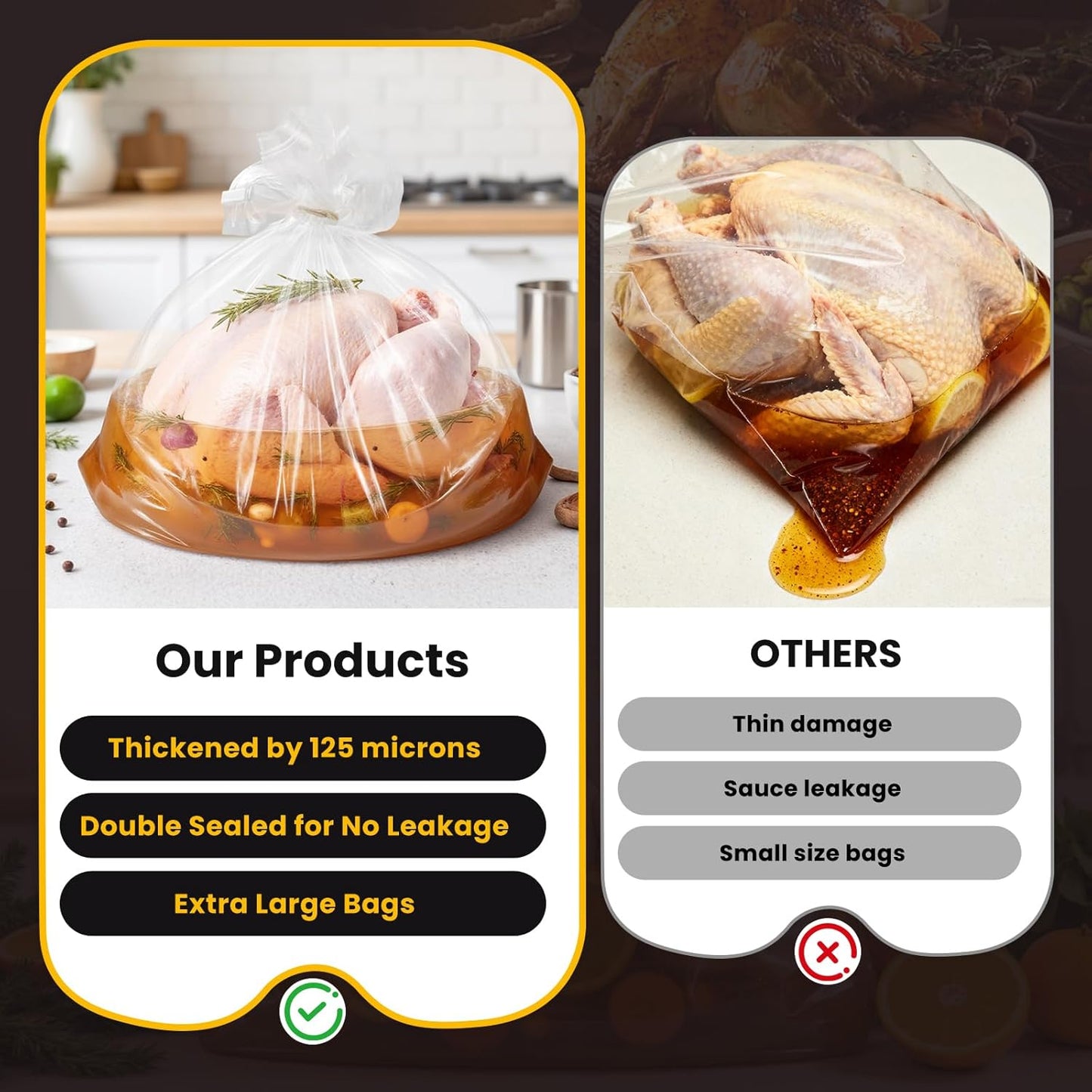 Turkey Brine Bags, Set of 2 Extra Large Brine Bag Holds up 25Lb, 19"×23" Double Zipper Seal Thickened Turkey Bags, with Cotton Rope and Spice Yarn Cloth Bag