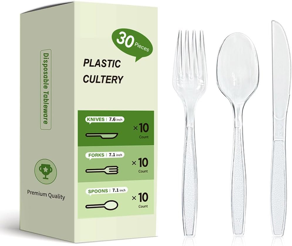 Plastic Silverware Set, 30-Piece Disposable Plastic Utensils for Parties, Clear Cutlery, Plasticware Forks, Spoons, Knives