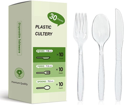 Plastic Silverware Set, 30-Piece Disposable Plastic Utensils for Parties, Clear Cutlery, Plasticware Forks, Spoons, Knives