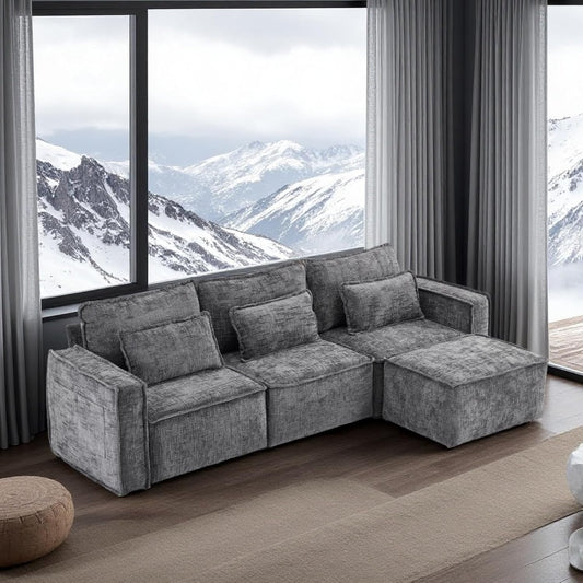 111" Convertible Modular Sectional Sofa - Comfortable L-Shaped Reversible Couch with Ottoman, Removable 3-Seater Boneless Design, Durable Chenille Cloud Sofa for Living Room in Grey
