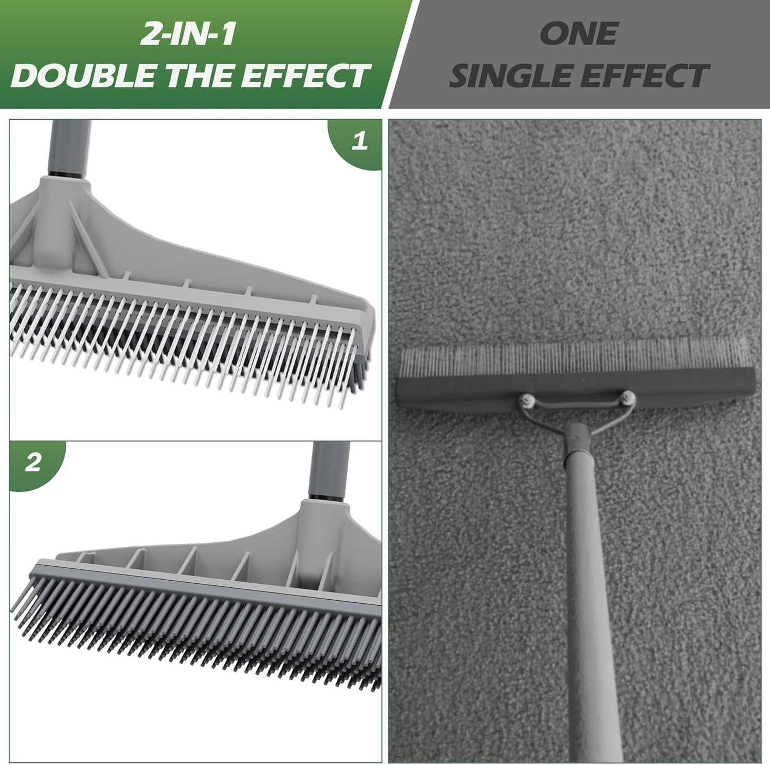 Rubber Broom, 2 in 1 Rubber Broom and Nylon Carpet Brush for Pet Hair Removal, 61" Adjustable Long Handle, Carpet Hair Cleaning Tool for Fur Rug, Stairs and Mats - Washable, Durable