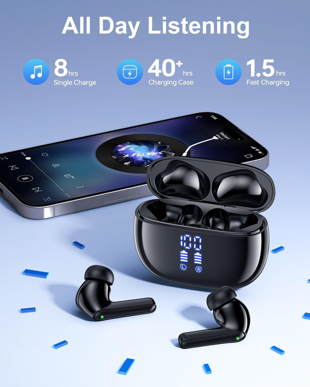 Wireless Earbuds, Bluetooth Ear Buds Headphones, 40H Long Playtime, Stereo Deep Bass, LED Power Display, IPX7, Lightweight in Ear Earphone with Mic for Iphone Android Phone