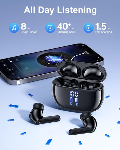 Wireless Earbuds, Bluetooth Ear Buds Headphones, 40H Long Playtime, Stereo Deep Bass, LED Power Display, IPX7, Lightweight in Ear Earphone with Mic for Iphone Android Phone