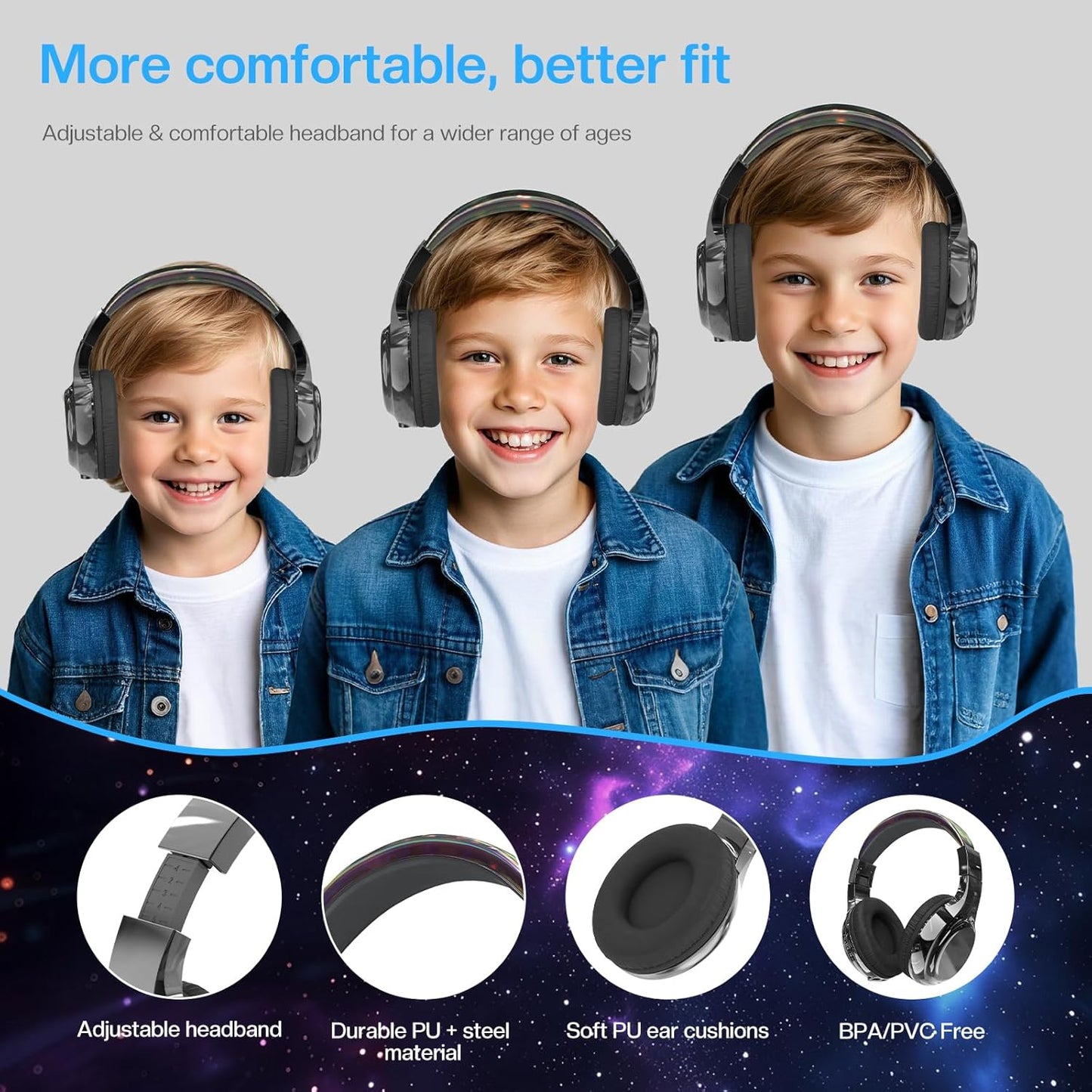 Kids Bluetooth 5.3 Headphones, Wireless Metallic Gradient Headset, Lightweight Foldable on Ear Headphones with Aux Cord, Fast Charging, Built-In Mic, for School/Travel/Tablet/Ipad