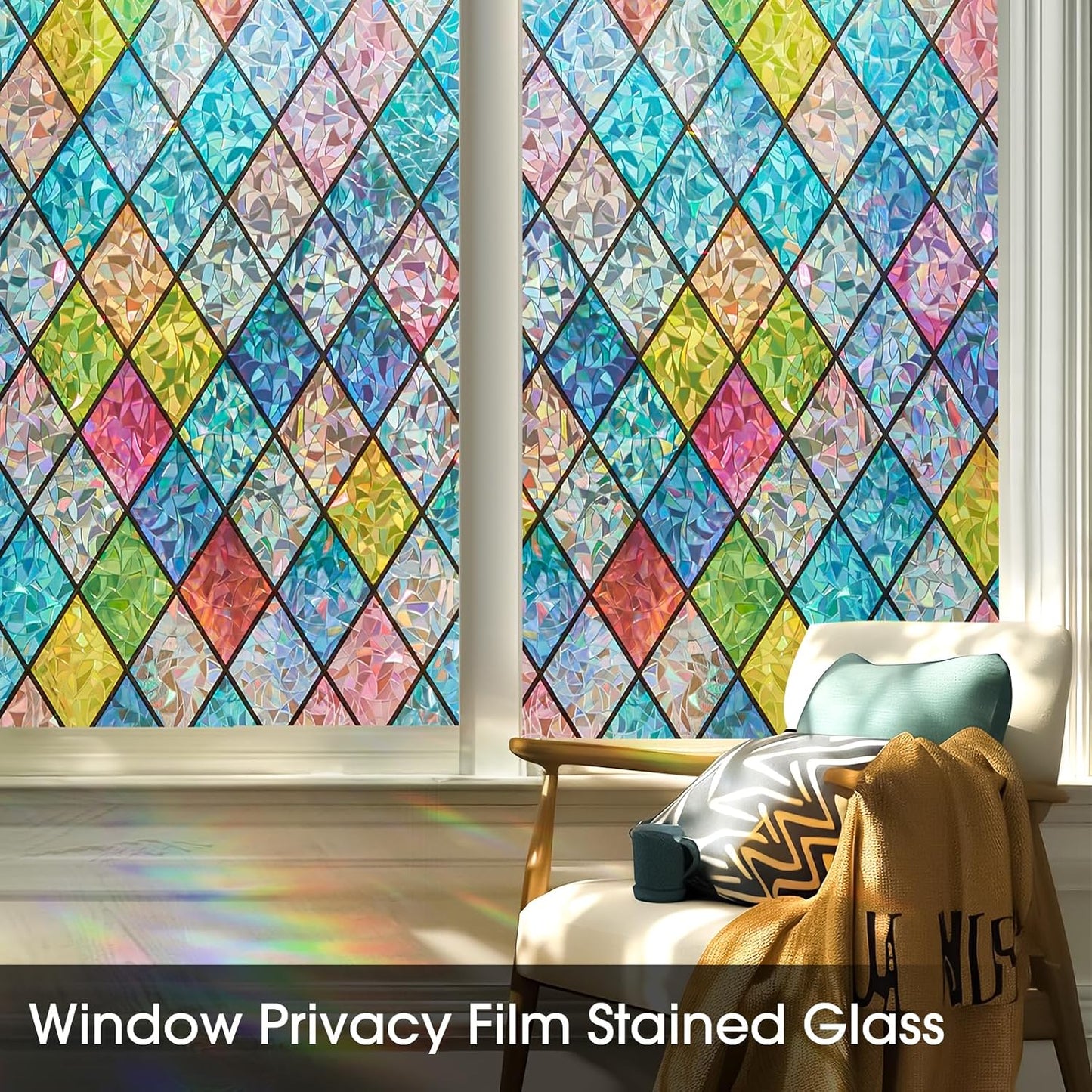 Window Privacy Film Stained Glass, Rainbow Window Film Decorative for Bathroom, Peel and Stick Window Cling Removable(Lattice,17.7 X 78.7 Inches)