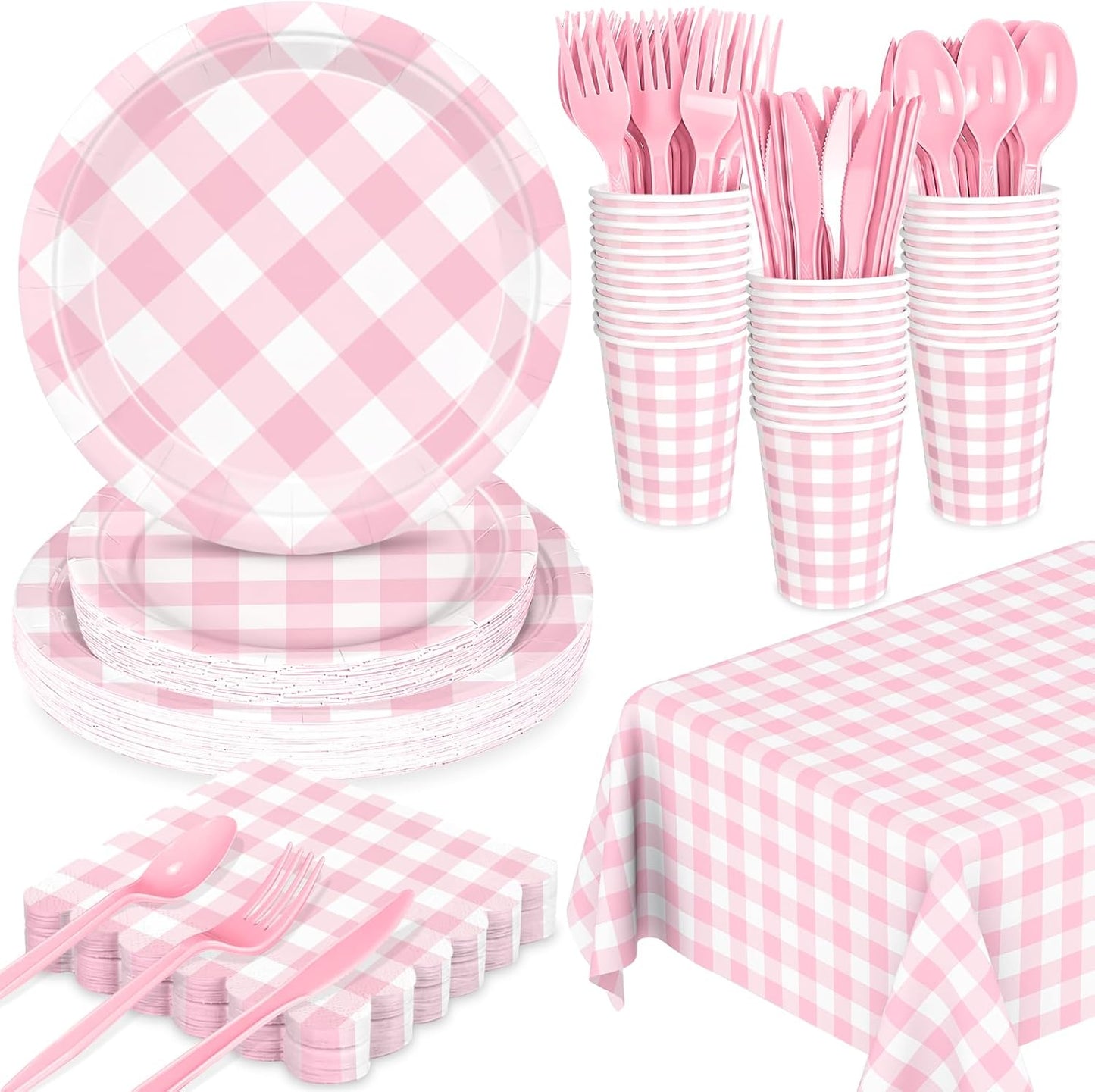 176 PCS Light Pink Gingham round Plates and Napkins, Pink Checkered Disposable Plates Set with Napkins Cups Plastic Spoons Forks Knives for Dinner Birthday Baby Shower Wedding Supplies Serve 25 Guests