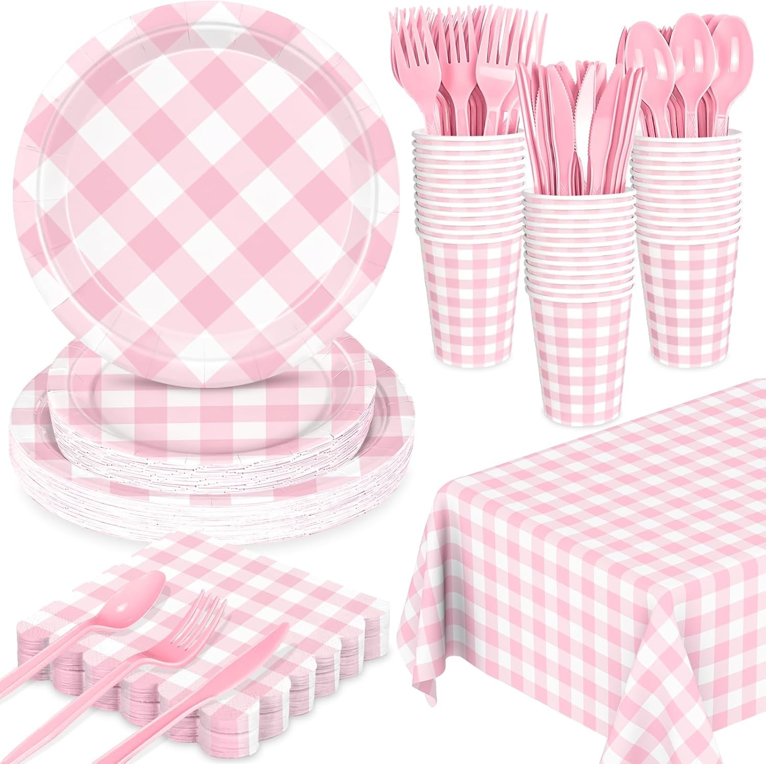 176 PCS Light Pink Gingham round Plates and Napkins, Pink Checkered Disposable Plates Set with Napkins Cups Plastic Spoons Forks Knives for Dinner Birthday Baby Shower Wedding Supplies Serve 25 Guests