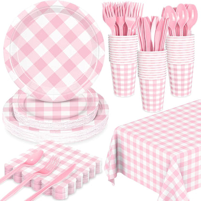 176 PCS Light Pink Gingham round Plates and Napkins, Pink Checkered Disposable Plates Set with Napkins Cups Plastic Spoons Forks Knives for Dinner Birthday Baby Shower Wedding Supplies Serve 25 Guests
