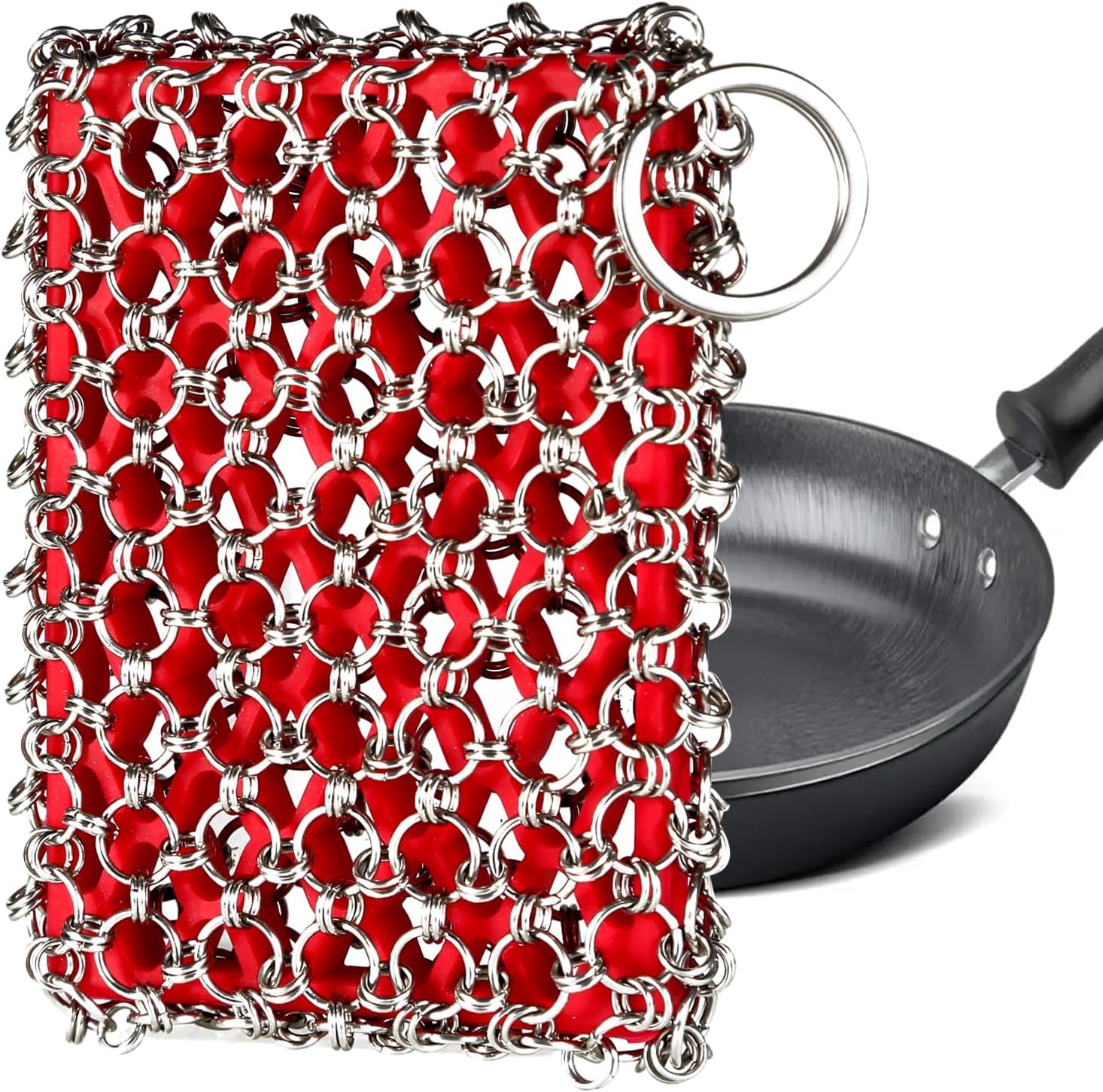 Cast Iron Chainmail Scrubber, 2 Pack Scrub Brush and Scraper with Bamboo Handle – Skillet Scrubber with Tough Nylon Bristles & Chaimail Scrubber for Cleaning Pans