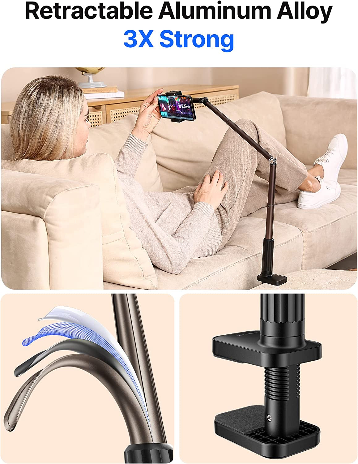 Phone Holder for Desk and Bed Compatible with Iphone 16 15 14 13 12 Overhead Phone Mount Gooseneck Phone Stand Flexible 360 Lazy Long Arm Clamp Clip for Table Bedside [1-Pack, Black]