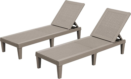Set of 2 Outdoor Lounge Chairs, Quick Assembly Waterproof Patio Chaise Lounges with Adjustable Backrest for Poolside, Beach, or Garden (Light Brown)